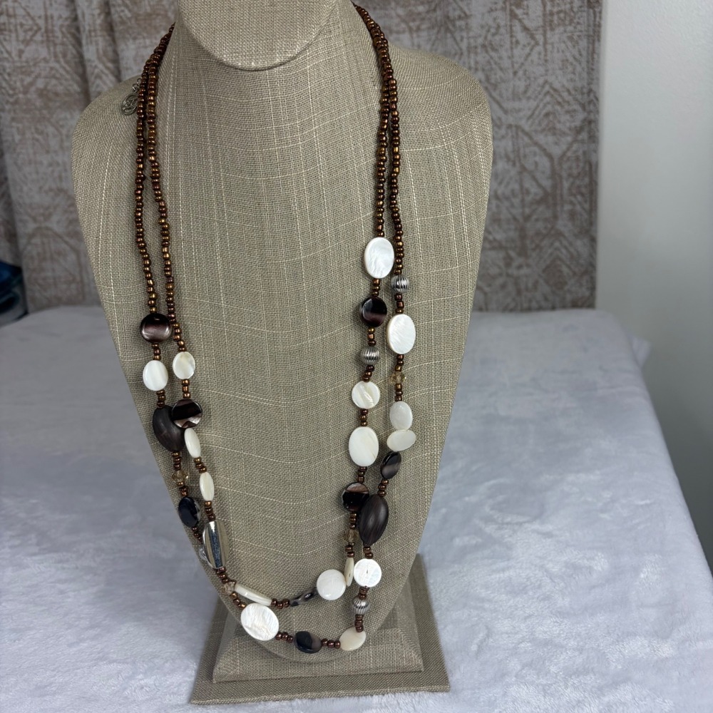 EC Necklace Women OS Brown Cream Shell Seed Bead Boho Layered Mother of Pearl